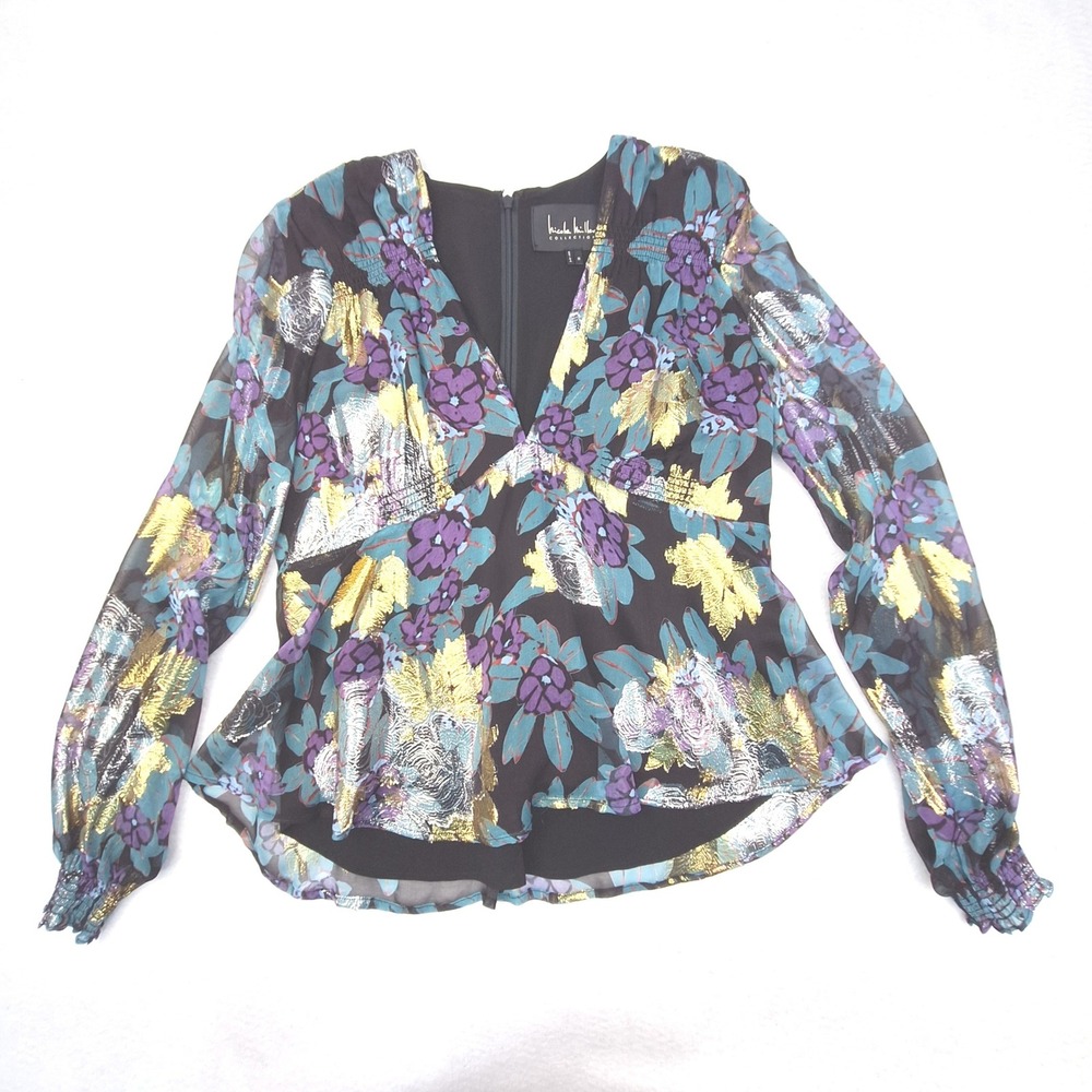 Nicole Miller Blouse Womens Medium Black Floral Silk‎ Metallic Y2K Evening Top